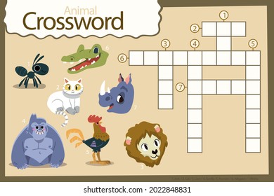 Crossword in english. Education child preschool, school game. Learning english language. Cartoon spelling puzzle. Test for kids Crossword book. Vector illustration.