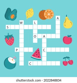 Crossword in english. Education child preschool, school game. Learning english language. Cartoon spelling puzzle. Test for kids Crossword book. Vector illustration.