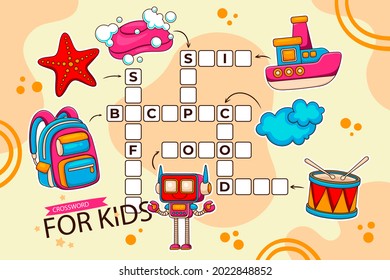 Crossword In English. Education Child Preschool, School Game. Learning English Language. Cartoon Spelling Puzzle. Test For Kids Crossword Book. Vector Illustration.