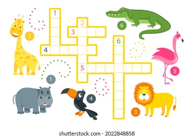 Crossword in english. Education child preschool, school game. Learning english language. Cartoon spelling puzzle. Test for kids Crossword book. Vector illustration.