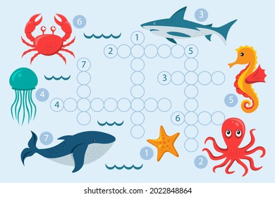 Crossword in english. Education child preschool, school game. Learning english language. Cartoon spelling puzzle. Test for kids Crossword book. Vector illustration.