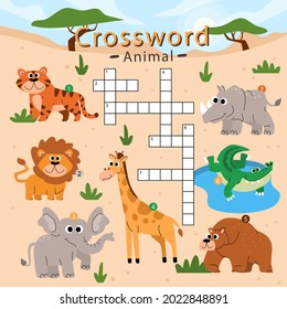 Crossword in english. Education child preschool, school game. Learning english language. Cartoon spelling puzzle. Test for kids Crossword book. Vector illustration.