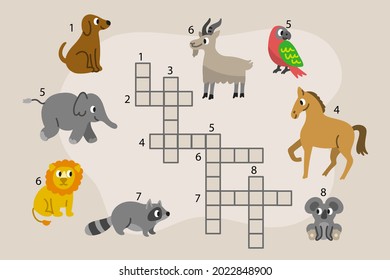 Crossword in english. Education child preschool, school game. Learning english language. Cartoon spelling puzzle. Test for kids Crossword book. Vector illustration.