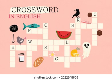 Crossword in english. Education child preschool, school game. Learning english language. Cartoon spelling puzzle. Test for kids Crossword book. Vector illustration.