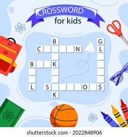 Crossword in english. Education child preschool, school game. Learning english language. Cartoon spelling puzzle. Test for kids Crossword book. Vector illustration.