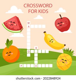 Crossword in english. Education child preschool, school game. Learning english language. Cartoon spelling puzzle. Test for kids Crossword book. Vector illustration.