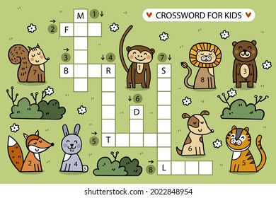 Crossword in english. Education child preschool, school game. Learning english language. Cartoon spelling puzzle. Test for kids Crossword book. Vector illustration.