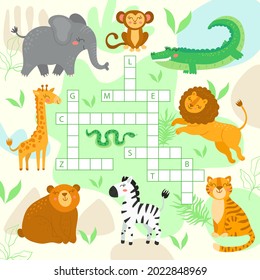 Crossword in english. Education child preschool, school game. Learning english language. Cartoon spelling puzzle. Test for kids Crossword book. Vector illustration.