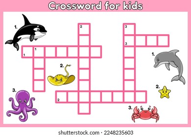 Crossword in English, education game for children. Cartoon cute sea animals. Vector illustration.