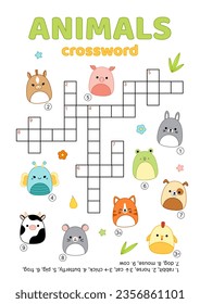 Crossword with farm animals. English words. Educational puzzle game for kids. Cartoon, vector. Isolated vector illustration eps 10