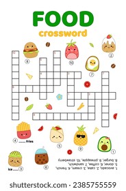 Crossword with fast food. English words. Educational puzzle game for kids. Cartoon, vector. Isolated vector illustration eps 10