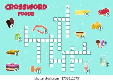 Crossword with foods. Vector education game for children. Mini-game for children. Crossword for kids.
