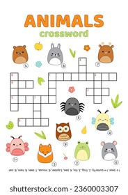 Crossword with forest animals. English words. Educational puzzle game for kids. Cartoon, vector. Isolated vector illustration eps 10