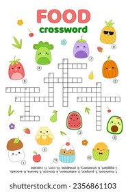 Crossword of fruits and vegetables. English words. Educational puzzle game for kids. Cartoon, vector. Isolated vector illustration eps 10