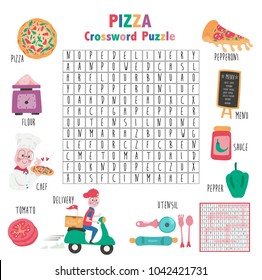 Crossword Game About Pizza For Kids, Word Search Puzzle With Vocabulary And The Answer, Doodle Cartoon Flat Style, Illustration, Vector