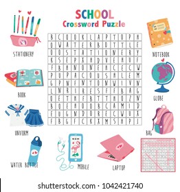 Crossword Game About School For Kids, Word Search Puzzle With Vocabulary And The Answer, Doodle Cartoon Flat Style, Illustration, Vector