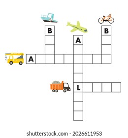 Crossword game about transport. Educational word search game for kids. Crossword puzzle constructor, empty squares set isolated on background. Learning english vocabulary. Graphic rebus game elements.