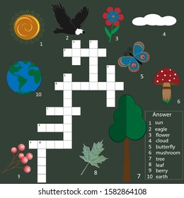 Crossword, game for children on the theme of nature, dark background, vector, EPS