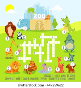 Crossword game with funny cartoon zoo animals.Educational game for preschool education.Ready game design concept.Vector illustration