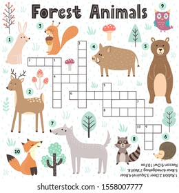 Crossword game for kids with cute forest animals. Search the words puzzle. Educational worksheet for children. Printable template of school and preschool activity. Vector illustration