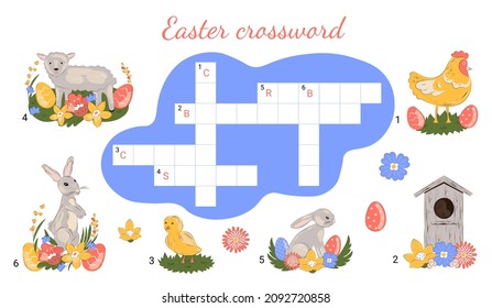 Crossword game for kids with Easter animals. Vector illustration