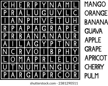 Crossword game for kids, find the fruits name, puzzle game in Vector for Children Activity Book page. New style layout of Crossword game page for kids.