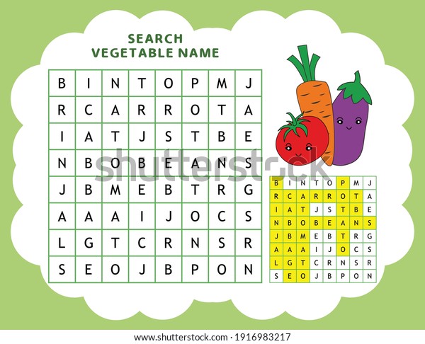 Crossword game for kids, find the fruits\
name, puzzle game in Vector for Children Activity Book page. New\
style layout of Crossword game page for\
kids.