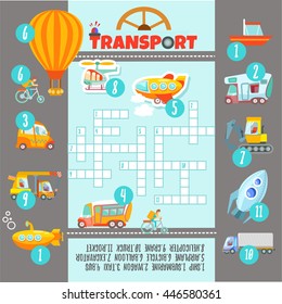 Crossword game with many kinds of transport and cars for preschool kids education.Ready game design concept.Vector illustration