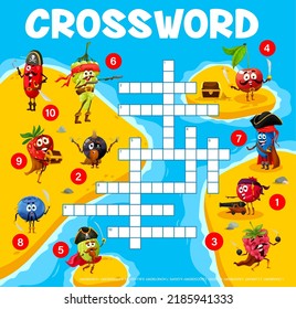 Crossword grid. Cartoon berry pirates and corsairs on island. Word quiz vector game worksheet of crossword with rosehip, grape and currant, blueberry, honeyberry and raspberry, strawberry, cherry