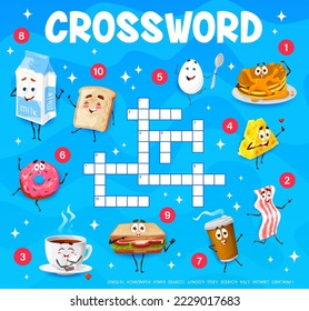 Crossword grid. Cartoon breakfast characters. Word quiz game, vocabulary quiz or child wordsearch puzzle vector worksheet with cute milk pack, toast and egg, pancake, donut, sandwich and coffee, bacon