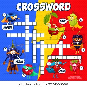 Crossword grid cartoon superhero berry characters. Quiz game for children with cheerful vector strawberry, cherry, cranberry, gooseberry, raspberry, grape, blackberry and blueberry personages