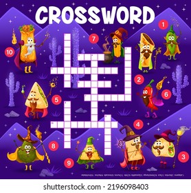 Crossword grid cartoon tex mex mexican food wizards characters, quiz game. Vector worksheet with tacos, enchiladas, tamales and burrito, churros, quesadilla, chimichanga, jalapeno, nachos and svg