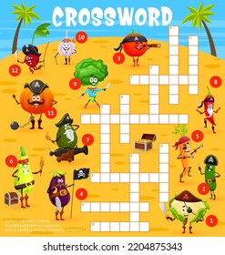 Crossword grid, find word quiz game. Cartoon pirate and corsair vegetables. Vector radish, cucumber and squash, pumpkin, carrot. Garlic and tomato, cauliflower, chili and broccoli, avocado, eggplant