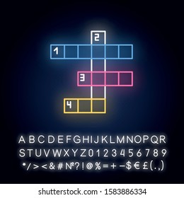 Crossword grid neon light icon. Word puzzle. Quiz. Mental exercise. Challenge. Knowledge, intelligence test. Brain teaser. Glowing sign with alphabet, numbers and symbols. Vector isolated illustration