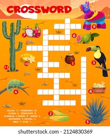 Crossword grid worksheet with mexican food, animals and items. Find a word quiz game, children text riddle or kids puzzles book vector page with toucan, cactus and chameleon, agave, pinata and fruits