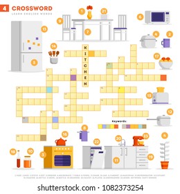 Crossword with huge set of illustrations and keyword in vector flat design isolated on white background. Crossword 4 - Kitchen - learning English words with images