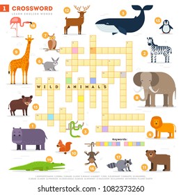 Crossword with huge set of illustrations and keyword in vector flat design isolated on white background. Crossword 1 - Wild animals - learning English words with images