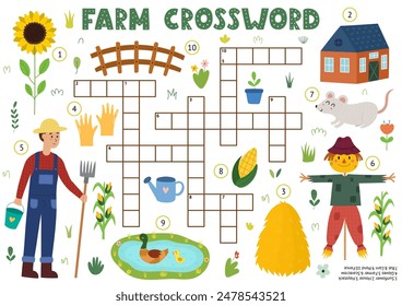 Crucigrama para niños con lindos personajes de granja. Rompecabezas de búsqueda de palabras. Juego educativo con granjero, espantapájaros, girasol, rata y más. Ilustración vectorial