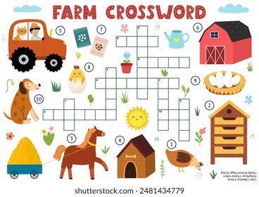 Crossword for kids with cute farm characters. Word search puzzle. Educational game with horse, dog, tractor, barn and more. Vector illustration