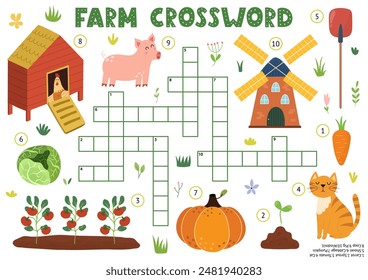 Crossword for kids with cute farm characters. Word search puzzle. Educational game with pig, cat, chicken coop, windmill and more. Vector illustration