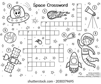 Crossword for kids with cute space characters. Black and white space activity page for kids and word search puzzle. Educational coloring sheet for school and preschool. Vector illustration