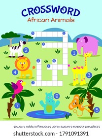Crossword for kids in English. Cute colorful african animals. Vector illustration