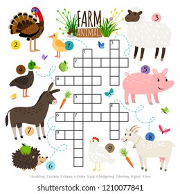 Crossword for kids with farm animals, vector illustration