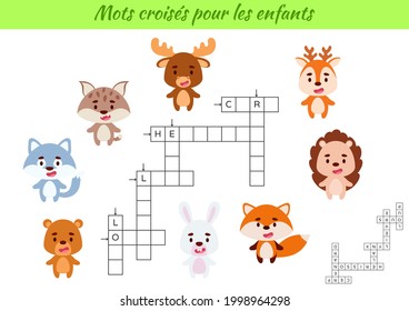 Crossword for kids in French with pictures of animals. Educational game for study French language and words. Children activity printable worksheet. Includes answers. Vector stock illustration