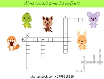 Crossword for kids in French with pictures of animals. Educational game for study French language and words. Children activity printable worksheet. Includes answers. Vector stock illustration