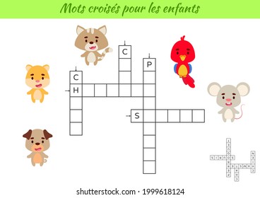 Crossword for kids in French with pictures of animals. Educational game for study French language and words. Children activity printable worksheet. Includes answers. Vector stock illustration