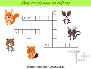 Crossword for kids in French with pictures of animals. Educational game for study French language and words. Children activity printable worksheet. Includes answers. Vector stock illustration