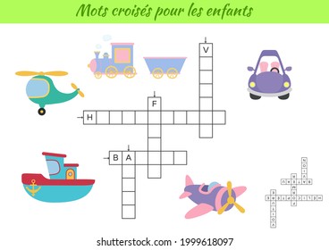 Crossword for kids in French with pictures of transport. Educational game for study French language and words. Children activity printable worksheet. Includes answers. Vector stock illustration