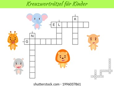 Crossword for kids in German with pictures of animals. Educational game for study German language and words. Children activity printable worksheet. Includes answers. Vector stock illustration