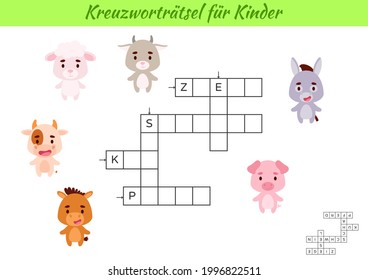 Crossword for kids in German with pictures of animals. Educational game for study German language and words. Children activity printable worksheet. Includes answers. Vector stock illustration